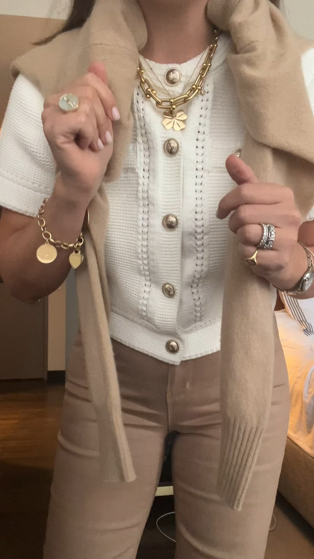 Outfit of the day with some old tried and true favorites. Sizing If you tap each item. Large clover is by Aurelia DeMark as is my pinky ring. Bracelet is old!