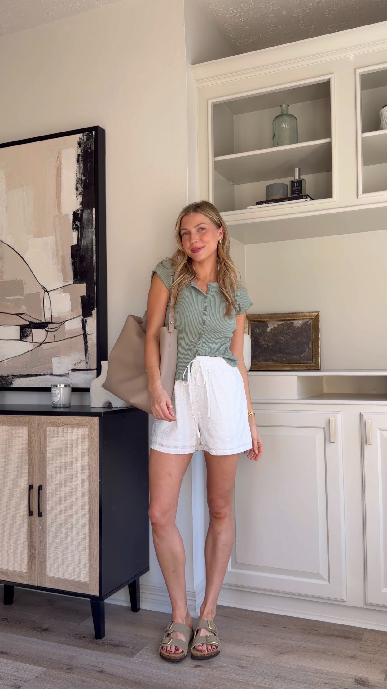 Comfy + put together mom outfit for spring | M green top, M white shorts 

 