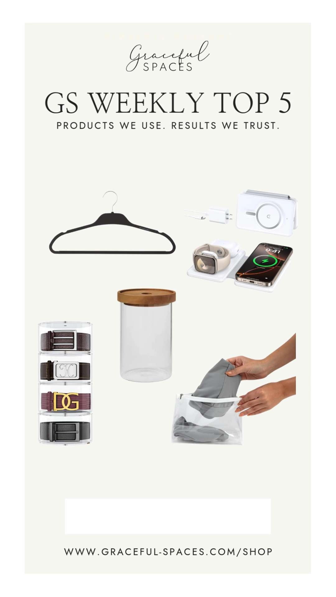 Our Weekly Top 5!  The rubberized hangers found in Sergio and Angela Garcia's closets, our favorite travel charger, tried and true acrylic belt organizers, gorgeous glass canisters from Target, and bikini organizers ready for your beach vacation! 

 

#LTKHome