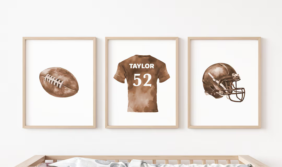 Personalized Brown Watercolor Football Jersey and Helmet Art Print Set, Kids room Nursery or Offi... | Etsy (US)