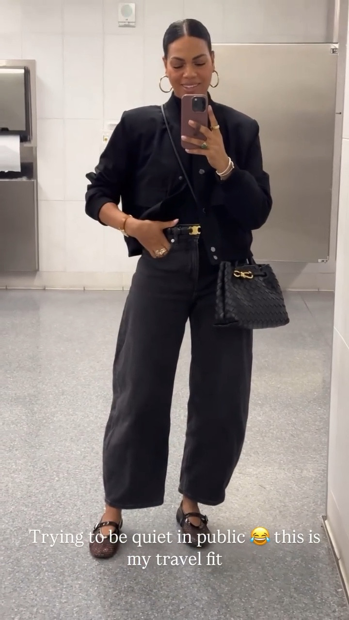 Travel OOTD: barrel jeans (always size up!), mockneck, bomber jacket, ballet flats & crossbody. 

#LTKOver40 #LTKTravel #LTKStyleTip