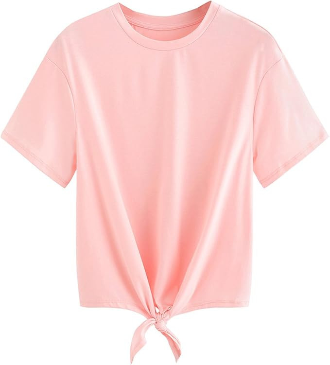 Romwe Women's Short Sleeve Tie Front Knot Casual Loose Fit Tee T-Shirt | Amazon (US)
