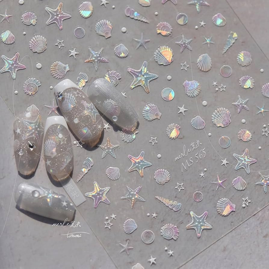 Summer Seashell Starfish Nail Art Stickers Shiny Shell Light Marine Life Nail Decals 5D Acrylic E... | Amazon (US)