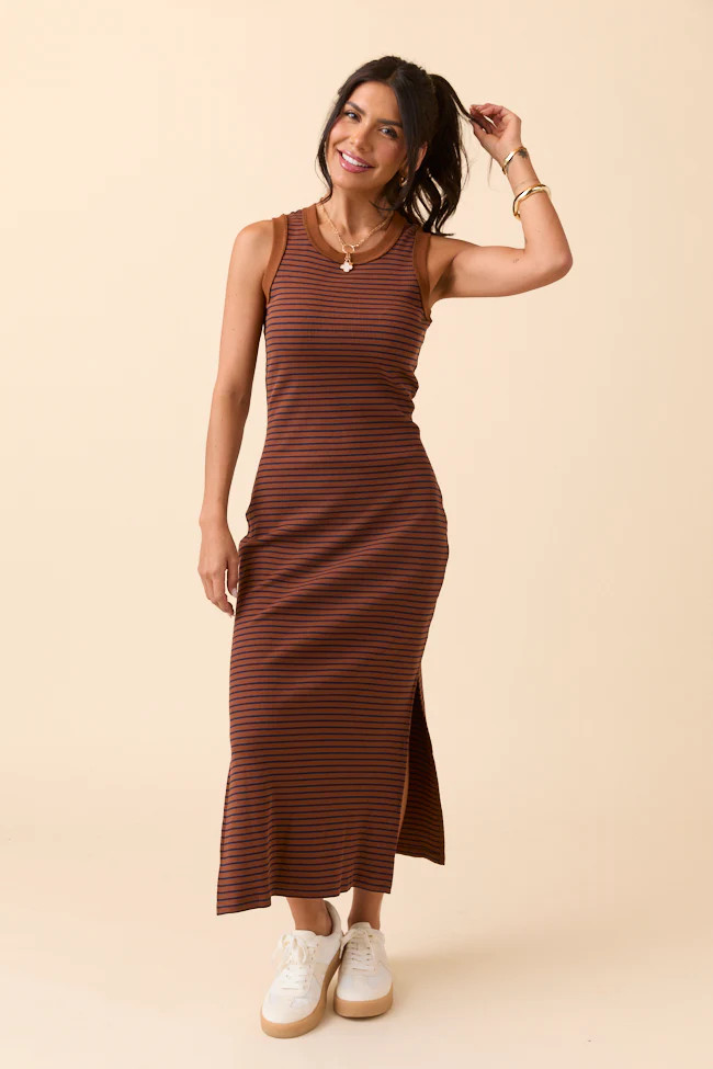 Emmie Lou Brown Striped Ribbed Knit Maxi Dress DOORBUSTER | Pink Lily