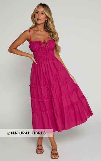 Schiffer Midi Dress - Strappy Ruched Tie Front Tiered Dress in Raspberry | Showpo (US, UK & Europe)