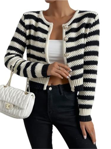 MakeMeChic Women's Striped Cardigan Sweater Long Sleeve Button Down Knit Cropped Cardigan Black White L | Amazon (US)