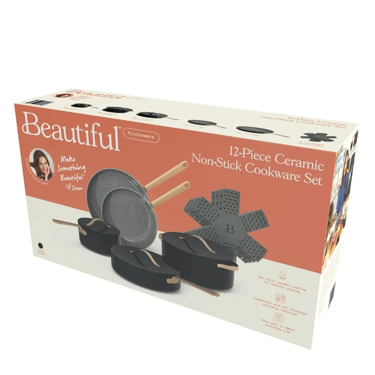 Beautiful 12pc Ceramic Non-Stick Cookware Set, Black Sesame by Drew Barrymore - Walmart.com | Walmart (US)