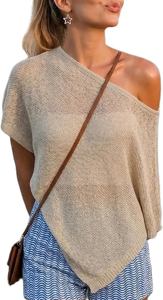 Women Knit Sheer Poncho Off the Shoulder Shawl Beach Cover up Shrug Top | Amazon (US)