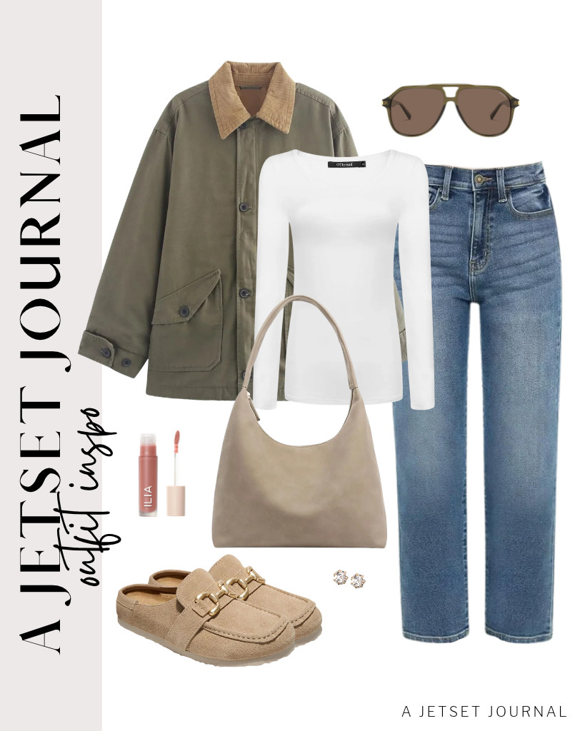 Layer this olive barn jacket over a white OThread & Co. long-sleeve top, then pair it with KDF cropped straight-leg jeans for your next outfit. These stud earrings from BBTO and ILIA - Overglaze Hydrating Lip Gloss are perfect for this look. Step into these leather clogs from Project Cloud to finish the look. 

 #LTKSeasonal #LTKSaleAlert #LTKTravel