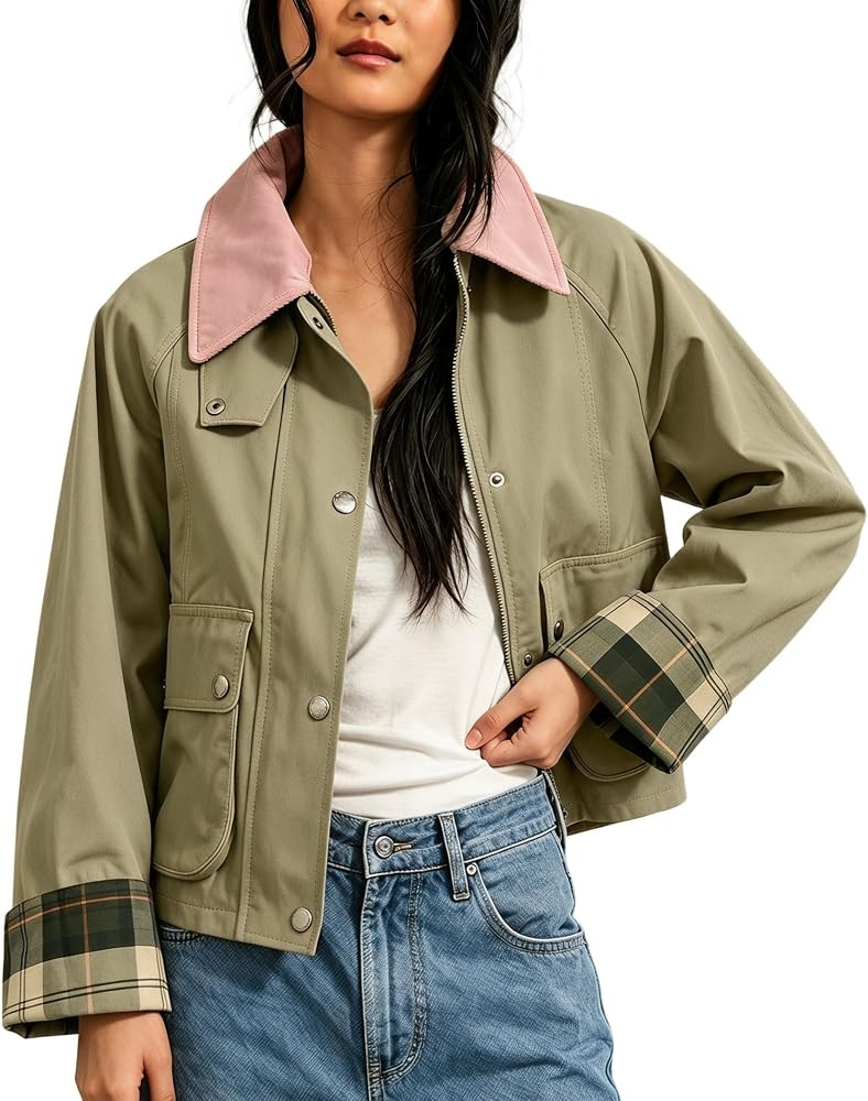 Songling Women Casual Barn Jacket Zip Up Contrast Cropped Outerwear Oversized Lightweight Classic... | Amazon (US)