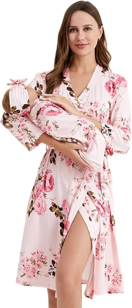 Galabloomer Flower Maternity Robe and Baby Receiving Blanket, Matching Mommy Labor Delivery Robe ... | Amazon (US)