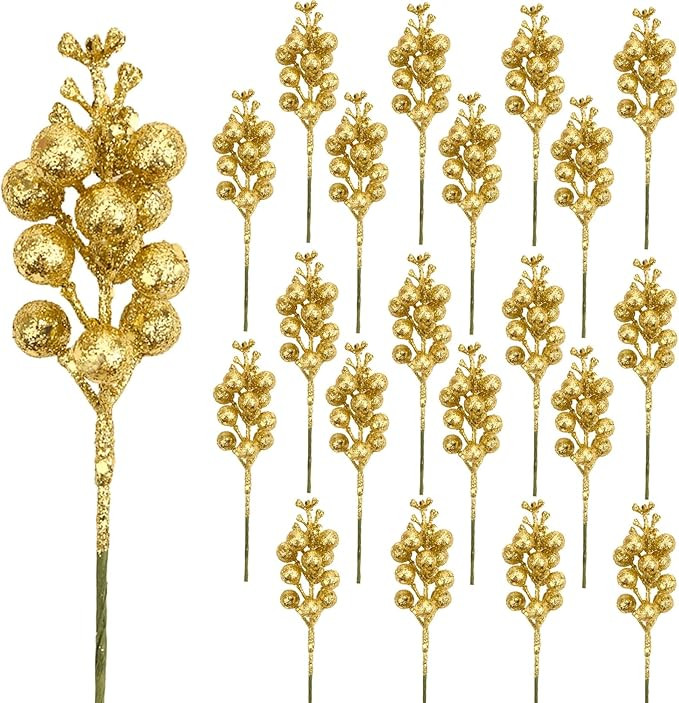 DIYASY Glitter Gold Berry Stems,20 Pcs 7.8 Inch Artificial Christmas Tree Picks Decoration and Ch... | Amazon (US)