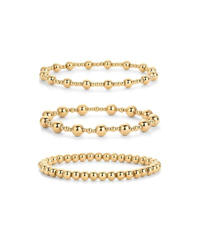 PAVOI 14K Yellow Gold Plated Ball Irregular Beaded Bracelet Trio for Women | 3-Piece Stretchy Bracelet Stack Set | Amazon (US)
