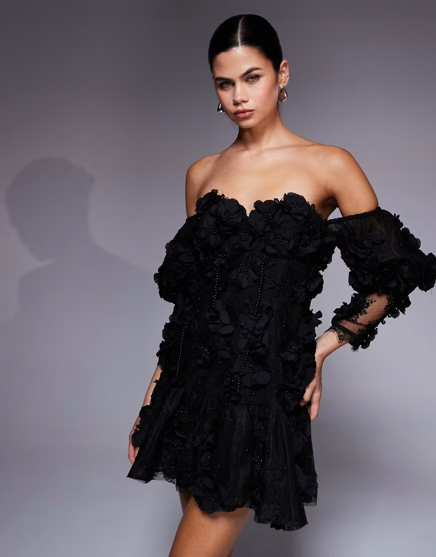 ASOS LUXE 3D floral embellished off the shoulder puff sleeve mini dress in black | ASOS (Global)