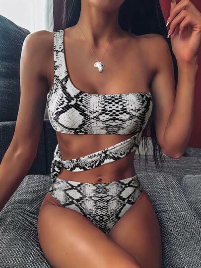 Snakeskin One Shoulder Bikini Swimsuit | SHEIN