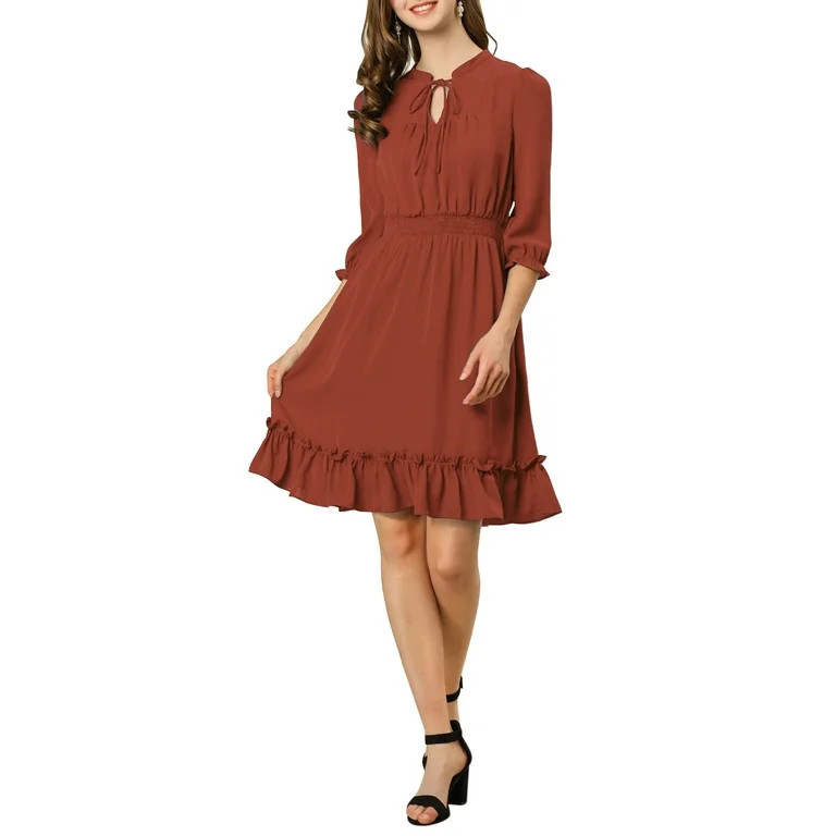 Unique Bargains Womens Tie V Neck Chiffon 3/4 Sleeve Smocked Mini A-Line Dress - Walmart.com | Walmart (US)