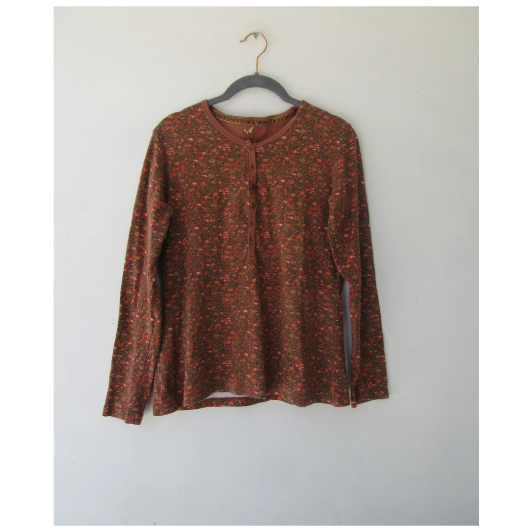 90's Brown Six Button Henley Floral Print Tee Cottagecore Henley Long Sleeve Tee All Cotton Tee P... | Etsy (US)