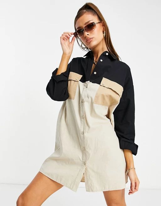 Missguided poplin shirt dress with pocket in stone color block | ASOS (Global)