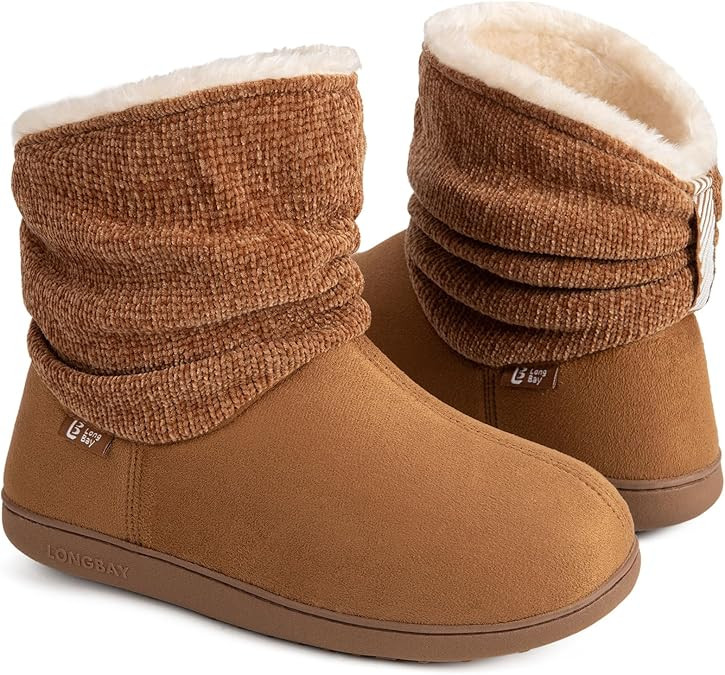 LongBay Women's Warm Chenille Knit Bootie Slippers Memory Foam Comfy Suede Fluffy Faux Fur Boots ... | Amazon (US)