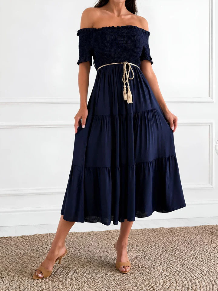 Off Shoulder Short Sleeve Smocked Tiered Midi Dress | allegra-k