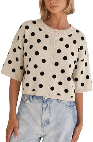 Daacee Women's Cropped Polka Dot Cardigan Casual Short Sleeve Sweater Top | Soft Knit, Crew Neck,... | Amazon (US)