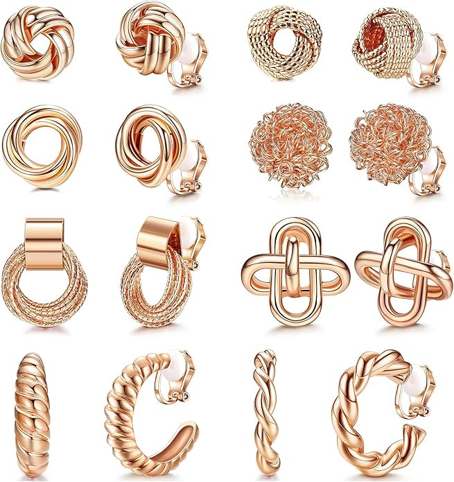 ORAZIO Clip On Earrings Set - 8 Pairs, Gold & Silver Hoops & Studs, Non-Pierced, Fake Earrings | Amazon (US)