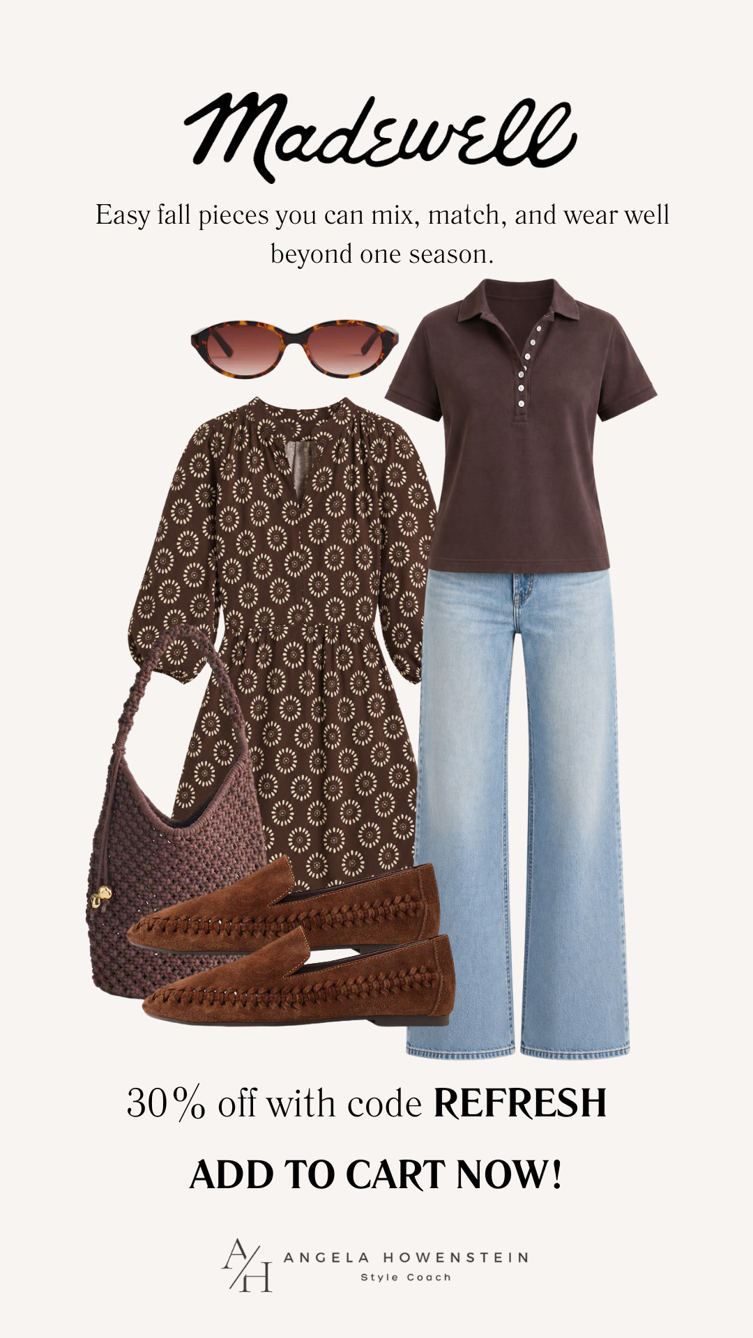 Madewell has 30% off with code REFRESH, and this is such an easy fall transition lineup. The brown floral dress, chocolate polo, relaxed denim, and suede loafers are all pieces you can mix and match well beyond one season.

👩‍💻 LTK PRO TIPS
❤️ Heart = Support my posts ;-)
🔖 Save = Get sale & restock alerts for the things you love!
📋 Lists = Keep favorites organized (List ideas: Christmas, Birthdays, and Vacations!)
📲 Share = Send lists and products to a friend (or your daughters like me).
💬 Comment = Ask me anything, and I'll answer. ;-) 

 #LTKootd #LTKOver40 #LTKSaleAlert