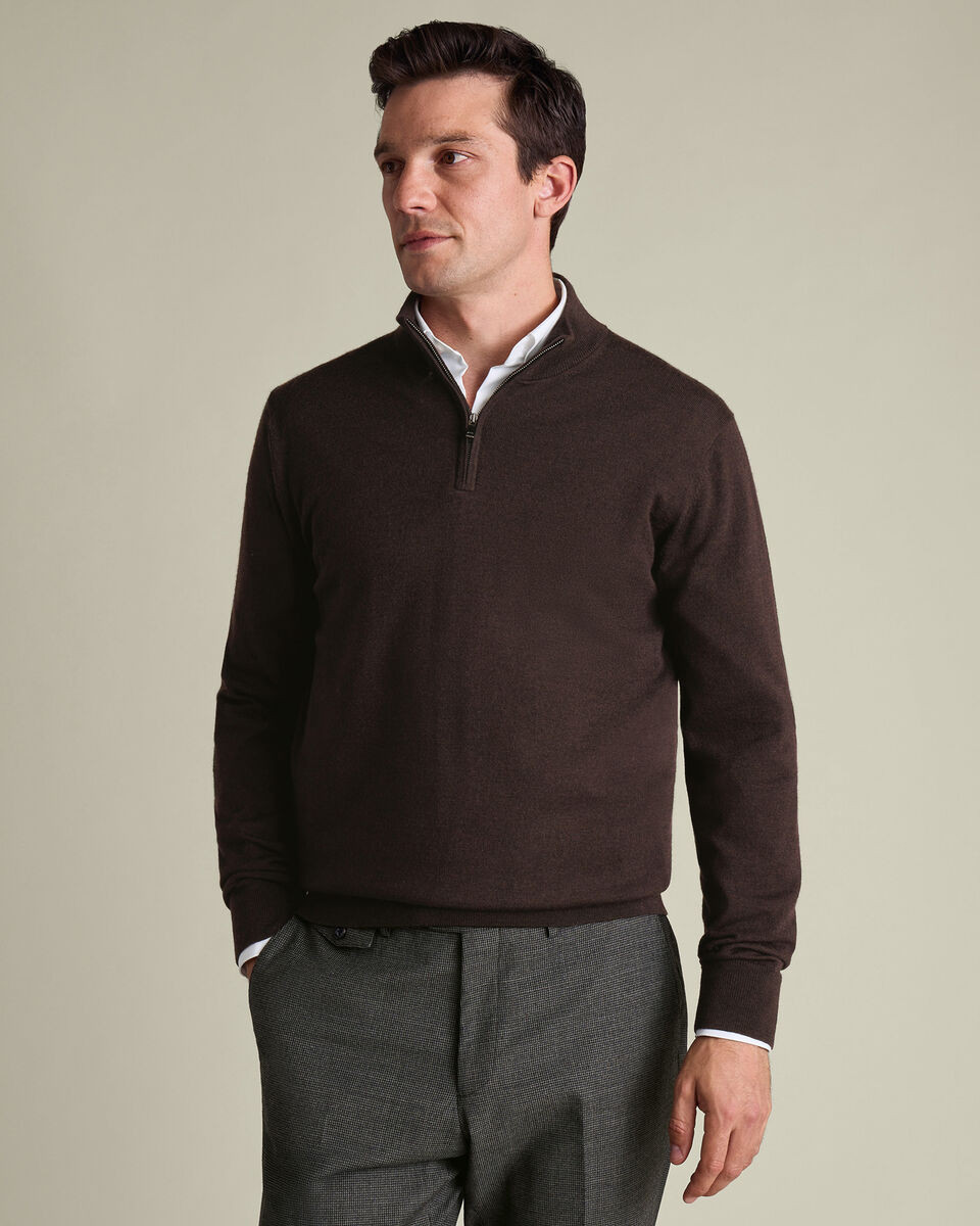 Pure Merino Quarter Zip Sweater - Chocolate Brown | Charles Tyrwhitt