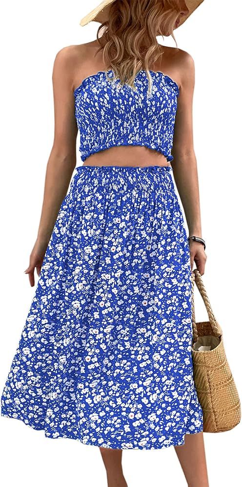 Angashion Women's Floral Crop Top Maxi Skirts Set 2 Piece Outfit Dress | Amazon (US)