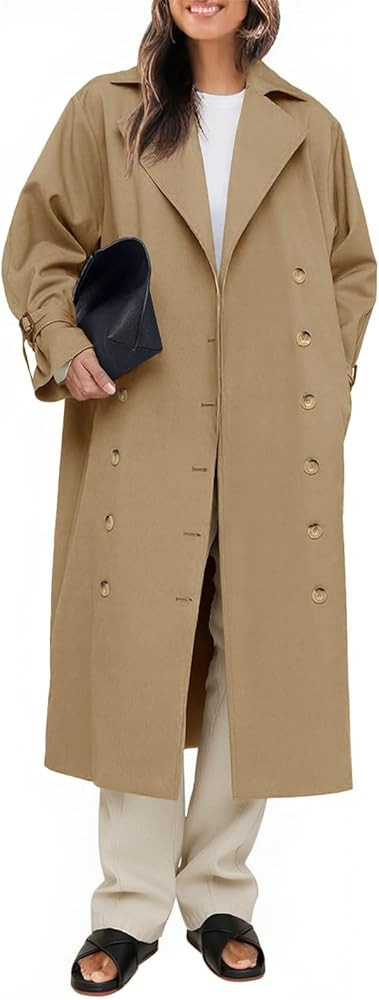 Tankaneo Womens Long Trench Coat Oversized Double Breasted Windproof Classic Lapel Casual Fall Ov... | Amazon (US)