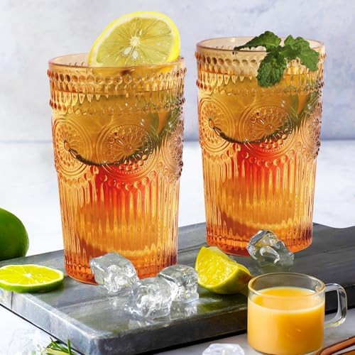 Loivttvv 6pcs Vintage Drinking Glasses Set, 12 oz Amber Highball Glasses, Embossed Ribbed Glasswa... | Amazon (US)