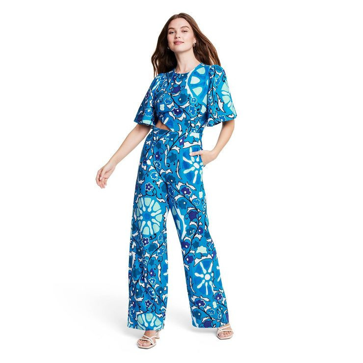 Women's Large Zinnia Floral Print Bell Sleeve Cut Out Jumpsuit - RHODE x Target Blue/Light Blue | Target