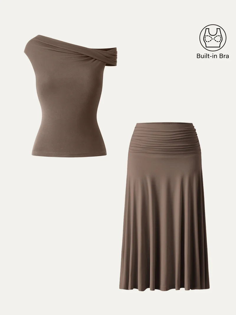 2Pcs Set Multi-wear Bra Top & Side Ruched A-line Midi Skirt | OGLmove