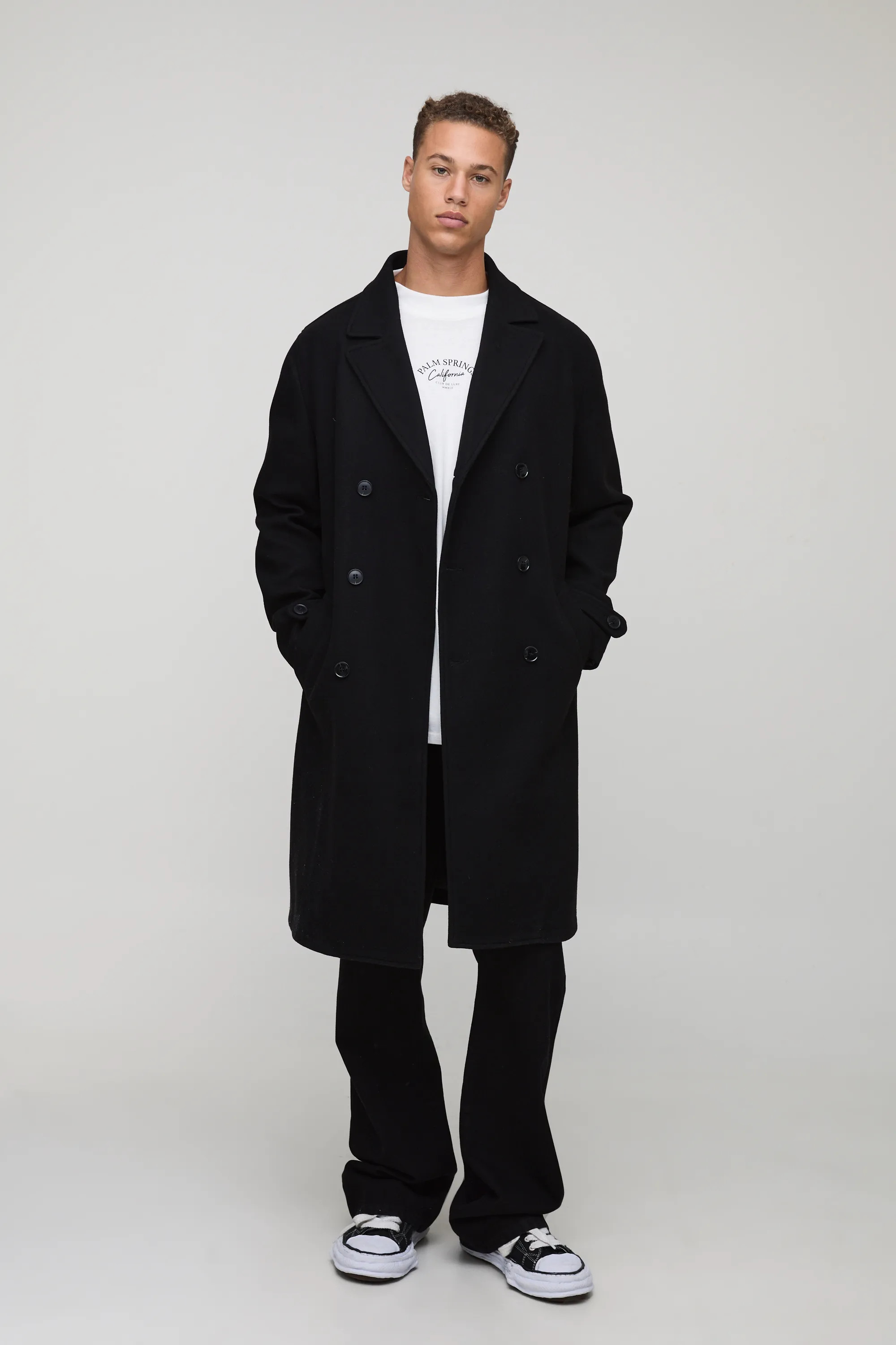 Tall Double Breasted Wool Look Overcoat in Black | boohooMAN (US & Canada)