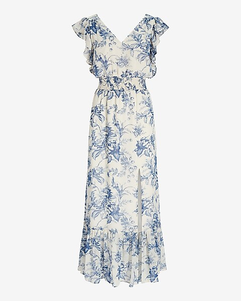 Printed V-Neck Ruffle Maxi Dress | Express