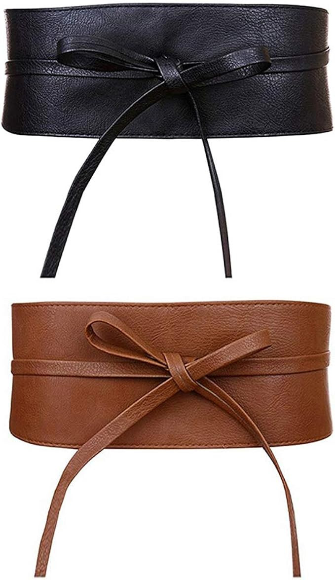 Womens Faux Leather Wide Cinch Belt Waistband Lace Up Wrap Around Obi Bowknot | Amazon (US)