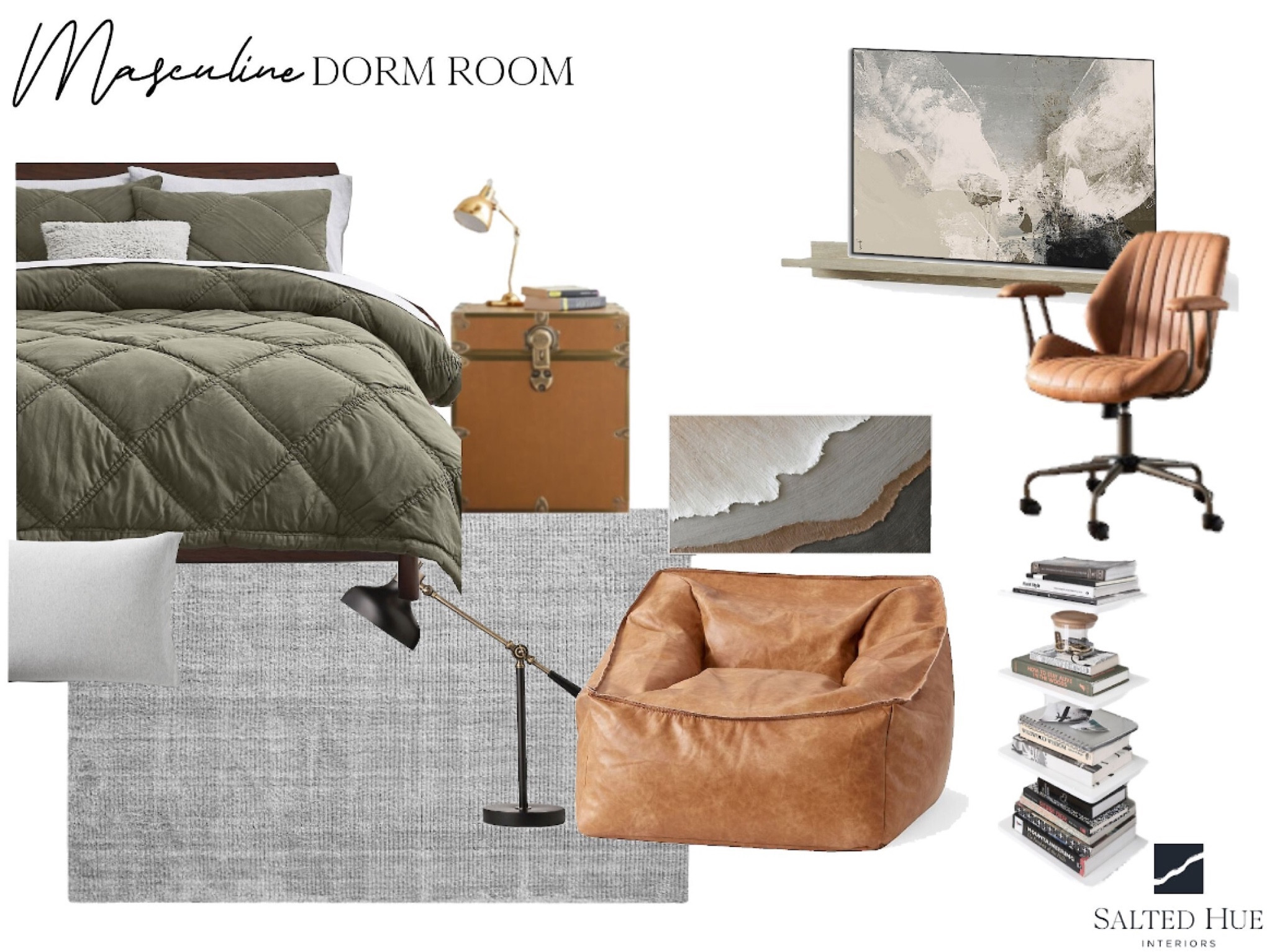 Masculine dorm room. Mens bedroom. Boys bedroom. Green and leather. Artwork. Art. Leather desk chair. Gray rug. Side table chest. Bookshelves. Organization storage  

#LTKmens #LTKhome #LTKFind