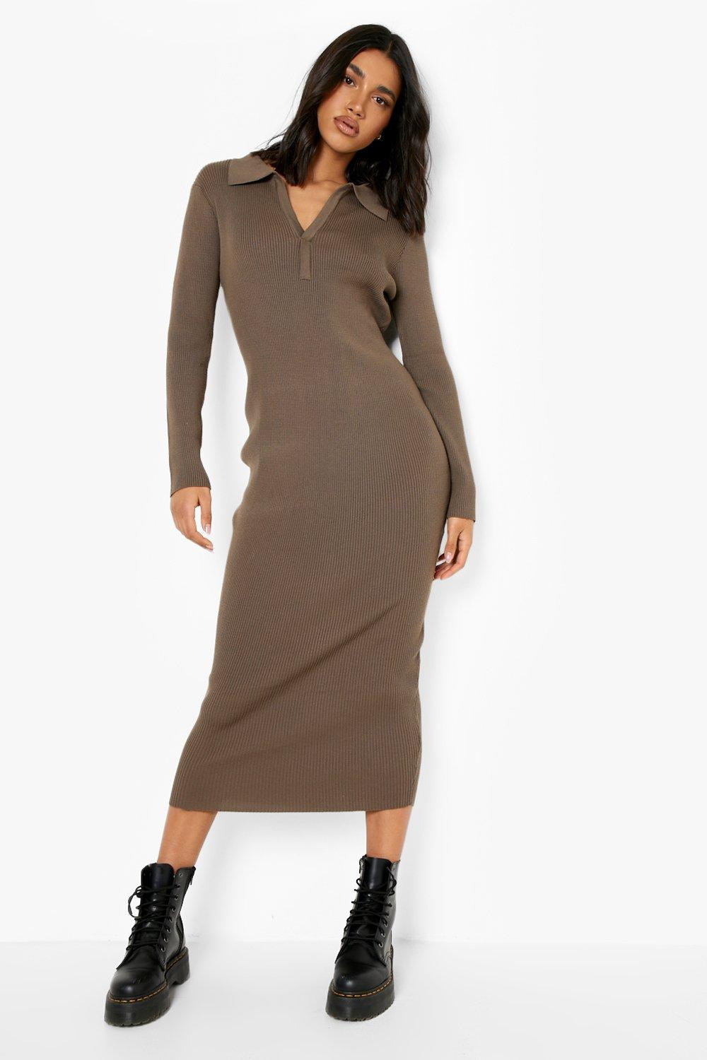 Brown Polo Collar Rib Knitted Midi Dress | Boohoo.com (UK & IE)