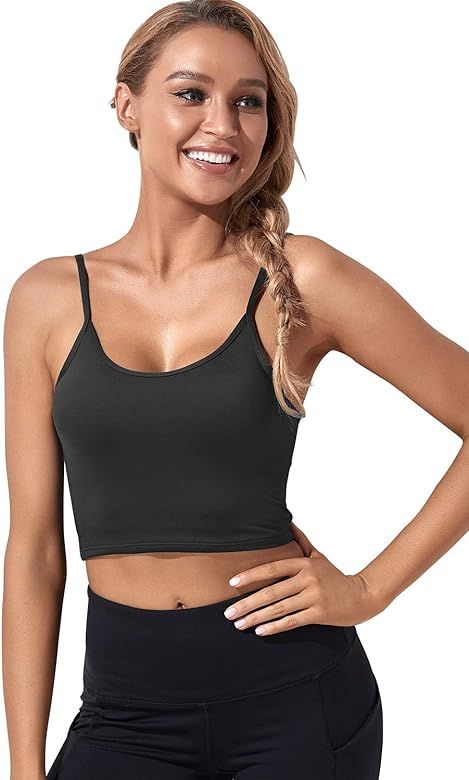 Women Sports Bra Longline Crop Tank Tops Padded Fitness Workout Running Strappy Yoga Cami Vest | Amazon (US)