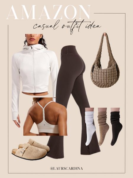 Another Amazon casual outfit idea! Pair black leggings with a tan sports bra, white zip up jacket, clogs, scrunchies socks, and a quilted bag. 

Ootd, casual outfit, Amazon style, athleisure

#LTKstyletip #LTKfindsunder50 #LTKshoecrush