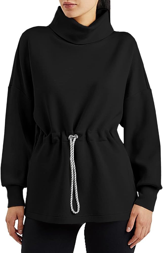 Women's Turtleneck Sweatshirts Long Sleeve Pullover Tops Side Slit Tunic Shirts with Drawstring W... | Amazon (US)