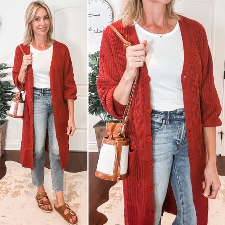 Amazon fall outfit. Long cardigan duster and bucket bag. Cardigan fits true to size. 

#LTKstyletip #LTKover40 #LTKSeasonal
