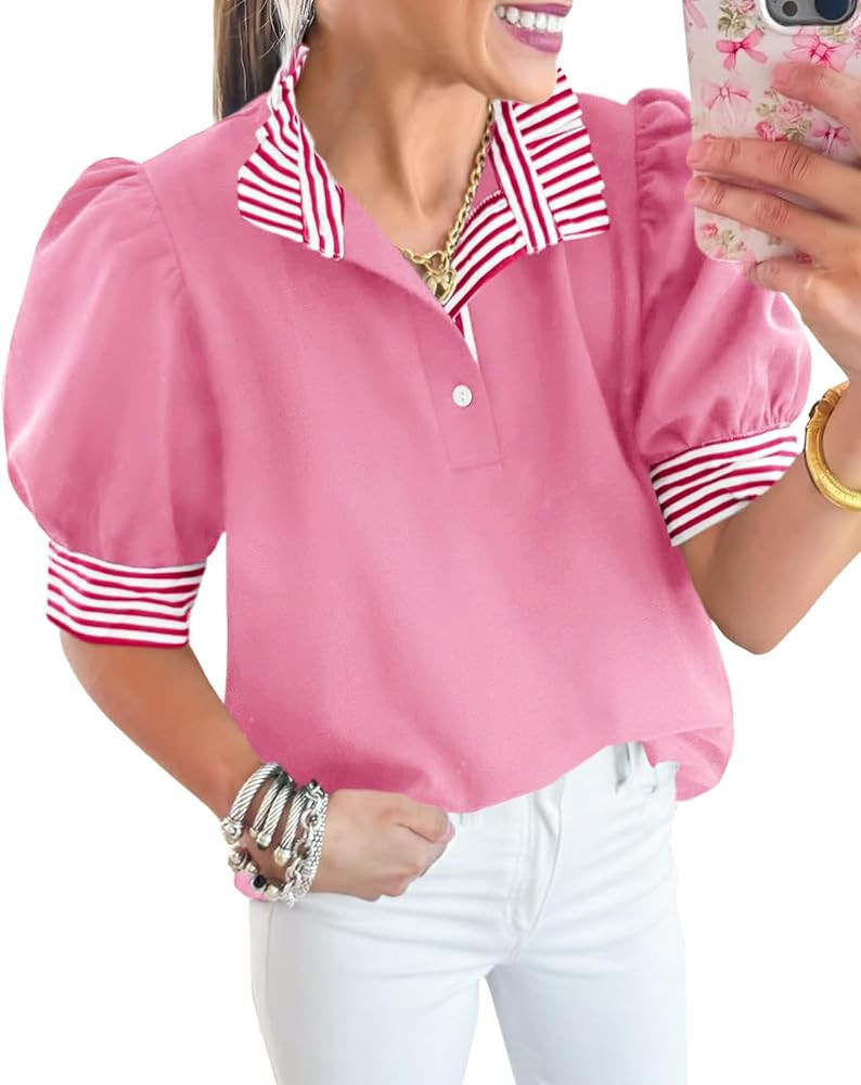 Cicy Bell Womens Summer Puff Sleeve Blouses Casual Dressy Ruffle V Neck Tops Color Block Striped ... | Amazon (US)