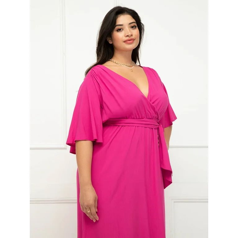 ELOQUII Elements Women's Plus Size Maxi Dress with Flutter Sleeves and Tie Neck | Walmart (US)