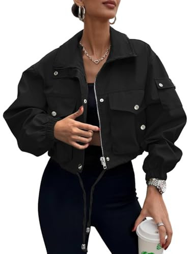 UEAL Bomber Jacket Women Cropped Zip Up Light Windbreaker Travel Bomber Jacket Trendy Small Black | Amazon (US)