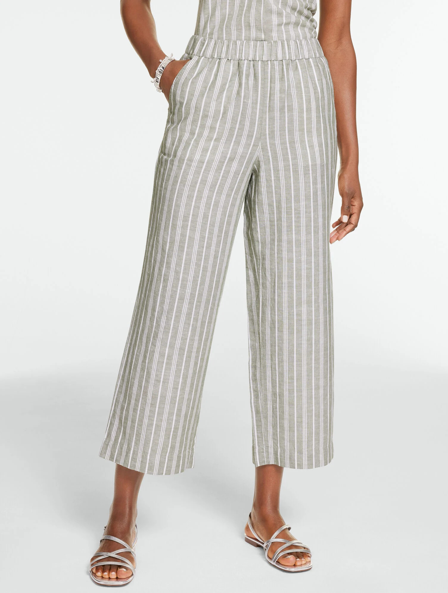 Washed Linen Wide Crop Pull-On Pants - Sandstone Stripe | Talbots