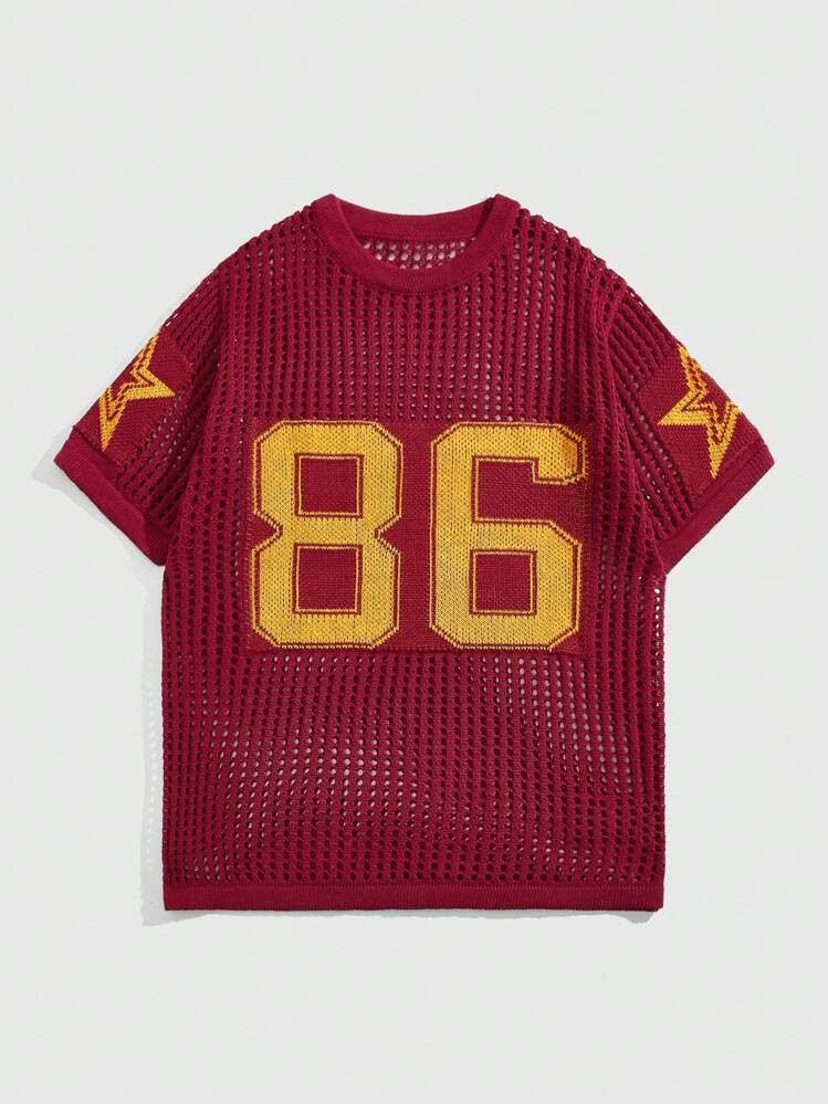 ROMWE MEN Street Life Men's Street Style Number Pattern Hollow Out Casual Summer Knit Top, Football Style, School | SHEIN