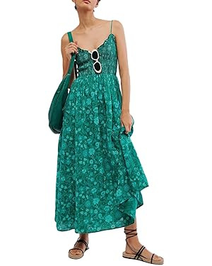 Argeousgor Women Boho Sleeveless Floral Dress V Neck Spaghetti Strap Cami Maxi Dress Bohemian Bea... | Amazon (US)