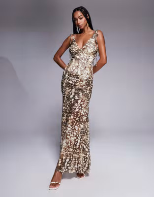 ASOS DESIGN printed mesh maxi dress with cowl detail and tie straps in animal print | ASOS | ASOS (Global)