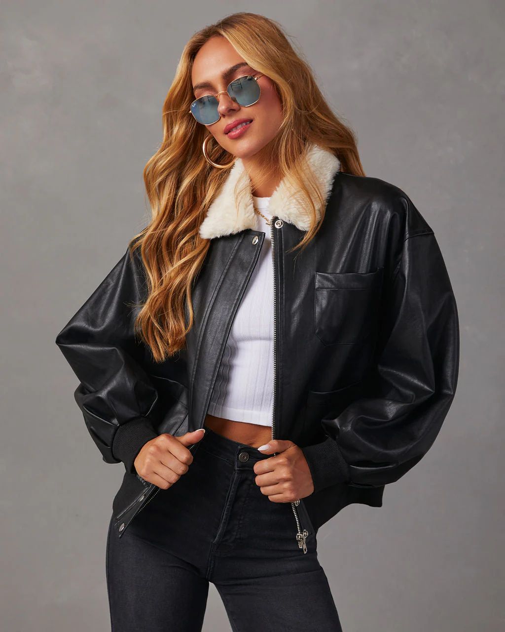 Shazo Faux Leather Shearling Bomber Jacket | VICI Collection
